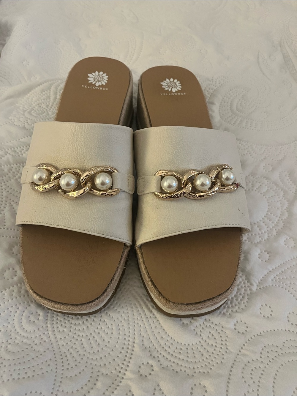Yellow Box Cream Pearl-Accent Slide Mules 11